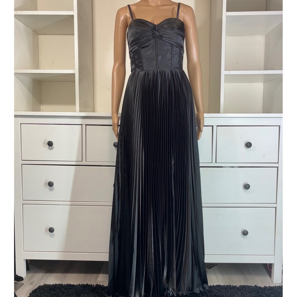 Black Satin Corset Gown Pleated Skirt Spaghetti Strap Lace Up Back‎ Formal prom